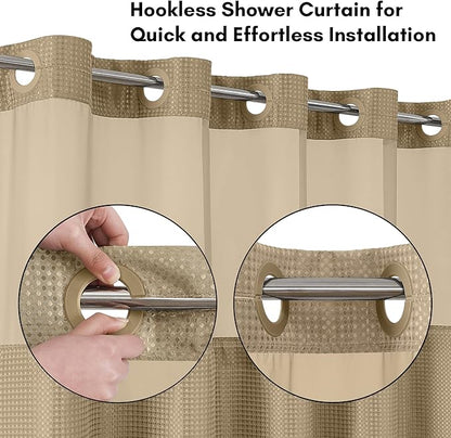 Americanflat 72x75 Hookless Waffle Pattern Shower Curtain - Water-Resistant Long Shower Curtain with Sheer Panel, Snap-in Liner, and Durable Grommets - 100% Polyester - Yellow