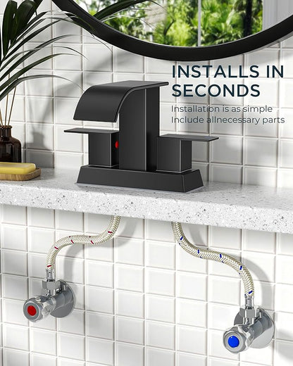FORIOUS 4 Inch Centerset Matte Black Bathroom Faucet, 2 or 3 Hole Waterfall Square Bathroom Sink Faucet with Metal Pop-up Drain and Supply Lines, Two Handles for Vanity, Lavatory Room, Pedestal