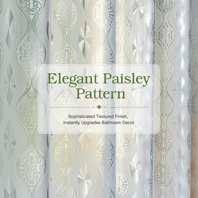 EurCross Long Translucent Textured Shower Curtain with 3 Heavy Duty Magnets, PVC-Free Excellent Hand Feel PEVA Frosted Paisley Pattern Design 110g/m2 Weighted Shower Curtain Liner Length 78 inch