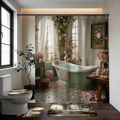 DDQQ 4Pcs Vintage Turquoise Bathtub Shower Curtain Set, Pink Roses Bathroom Sets with Shower Curtain and Rugs, Romantic Bathroom Decor Accessories Shower Curtains for Bathroom Toilet Lid Cover