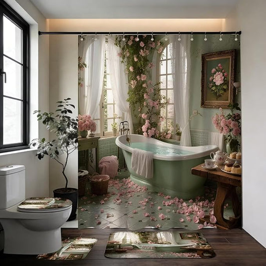 DDQQ 4Pcs Vintage Turquoise Bathtub Shower Curtain Set, Pink Roses Bathroom Sets with Shower Curtain and Rugs, Romantic Bathroom Decor Accessories Shower Curtains for Bathroom Toilet Lid Cover