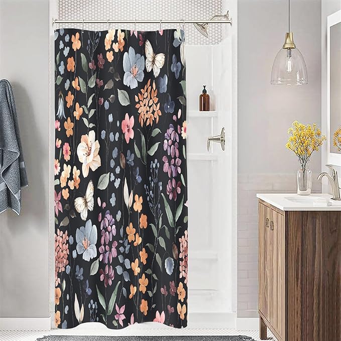 Small Stall Shower Curtain 36 x 72 Inch, Half Narrow Black Floral Shower Curtain for Bathroom, Colorful Watercolor Wildflower Boho Vintage Trendy Fabric Shower Curtain Set with Hooks