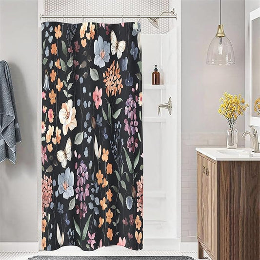 Small Stall Shower Curtain 36 x 72 Inch, Half Narrow Black Floral Shower Curtain for Bathroom, Colorful Watercolor Wildflower Boho Vintage Trendy Fabric Shower Curtain Set with Hooks