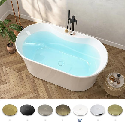 FerdY Santorini 58" Acrylic Freestanding Tub, Gracefully Shaped Contemporary Soaking Tub, Glossy White, cUPC Certified, White Toe-tap Drain and