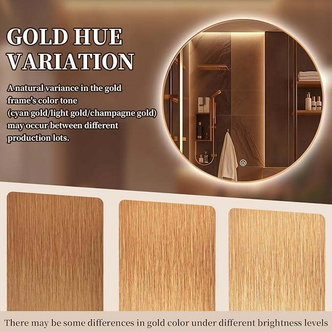 Niccy Round LED Bathroom Mirrors, Gold Framed Backlit Vanity Mirror, 28" | LED Smart Circle Mirror with 3 Color Lighting, Anti-Fog Lighted, IP65 Waterproof, Wall Mounted Bathroom Vanity