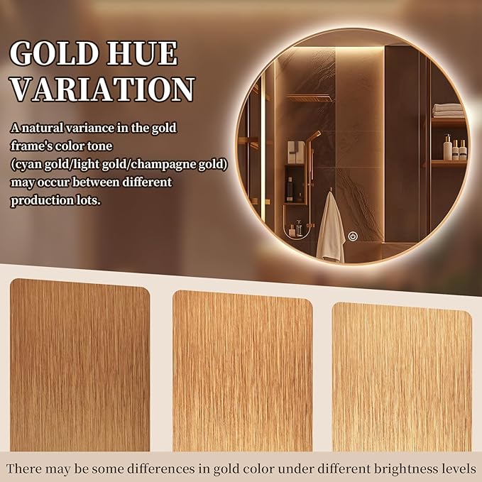 Niccy Round LED Bathroom Mirrors, Gold Framed Backlit Vanity Mirror, 48" | LED Smart Circle Mirror with 3 Color Lighting, Anti-Fog Lighted, IP65 Waterproof, Wall Mounted Bathroom Vanity