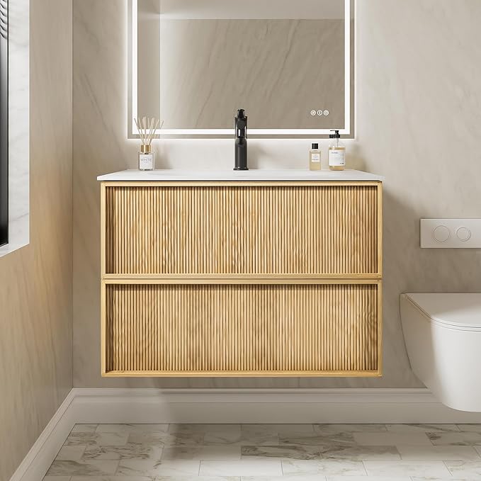 32" Japandi Floating Bathroom Vanity with Sink, Pre-Assembled Natural Oak Multi-Layer Solid Wood Bathroom Sink Vanity, Wall Mounted with Integrated Stone Top and 2 Soft Close Drawers