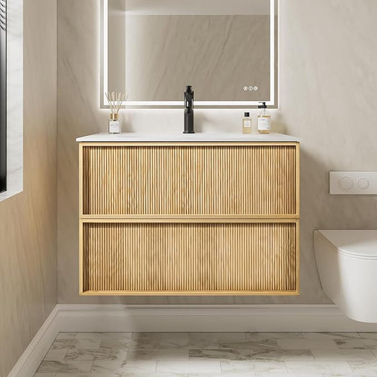 32" Japandi Floating Bathroom Vanity with Sink, Pre-Assembled Natural Oak Multi-Layer Solid Wood Bathroom Sink Vanity, Wall Mounted with Integrated Stone Top and 2 Soft Close Drawers