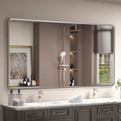 OKPAL 66x36 Silver Bathroom Mirror for Wall, Brushed Metal Framed Bathroom Vanity Mirror, Modern Rounded Corner Rectangle Mirror, Anti-Rust (Horizontal/Vertical)