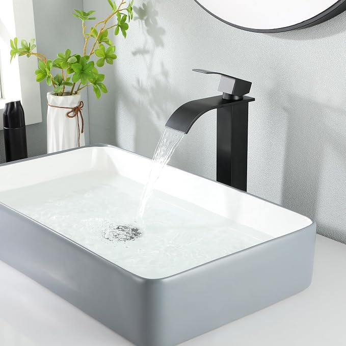 Waterfall Faucet for Bathroom Sink, JXMMP Black Bathroom Faucet Single Hole with Supply Hose and Pop Up Stopper, Single Handle Waterfall Bathroom Sink Faucet, Lavatory Faucet Bathroom, JXM1221BK