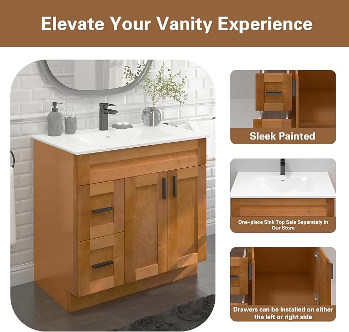 36" Shaker Bathroom Vanity Sink Base with Drawers (Ready-to-Assemble) (Maple Shaker Vanity Base)