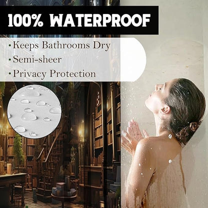 Gothic Library Bookself Shower Curtain,Witchy Dark Green Plant Aesthetics Shower Curtains Funny Waterproof Polyester,Medieval European Castle Architecture Bathroom Decor,72x72 Inch