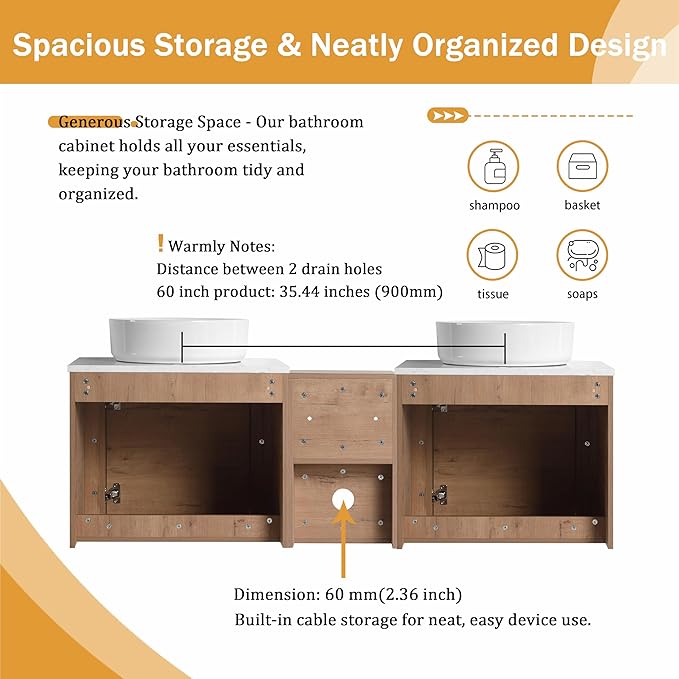 Malwee 60" Floating Bathroom Vanity with Sink, 60 Inch Wall Mounted Bathroom Cabinet Combo, Modern Double Sink Bath Storage Vanity Set, with 2 Soft Close Doors and Ceramic Vessel Basin Top(60-400