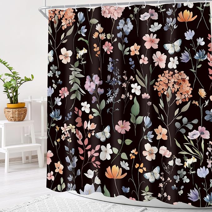 Black Flower Dark Floral Wildflower Leaves Leaf Bathroom Shower Curtain Set | 72"W x 72"H Vintage Botanical; waterproof HD print, quick-dry fabric and plastic hooks for easy setup.