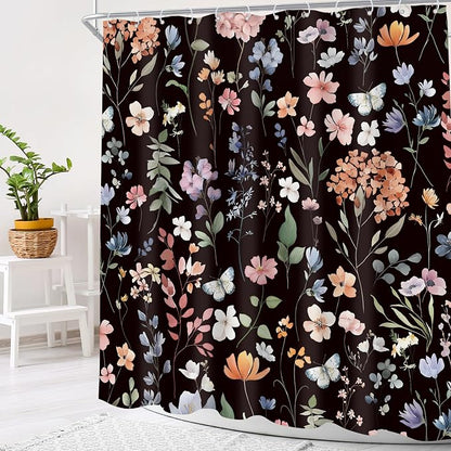Black Flower Dark Floral Wildflower Leaves Leaf Bathroom Shower Curtain Set | 72"W x 72"H Vintage Botanical; waterproof HD print, quick-dry fabric and plastic hooks for easy setup.