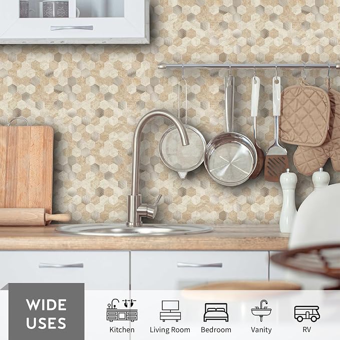 12 Sheets Peel and Stick Backsplash Tile, Hexagon Beige Stone Rock Mixed Brushed Metal Stick on Backsplash, Honeycomb Self Adhesive Mosaic Wall Tiles for Kitchen Bathroom (11.3" x 5.7")