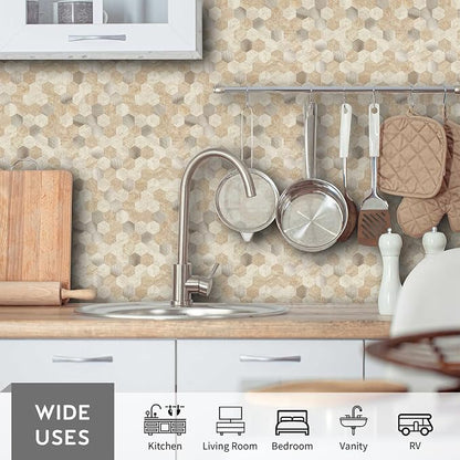 12 Sheets Peel and Stick Backsplash Tile, Hexagon Beige Stone Rock Mixed Brushed Metal Stick on Backsplash, Honeycomb Self Adhesive Mosaic Wall Tiles for Kitchen Bathroom (11.3" x 5.7")