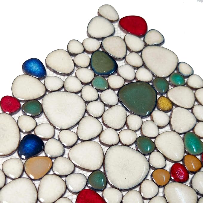 Ceramic Pebble Mosaic Tile Cream Red & Green Bath Shower Floor 5 Sq Ft | Crystal Glazed Porcelain, River Stone-Look for Bathroom Remodel, Fireplace Surround, Kitchen Backsplash and Accent Wall