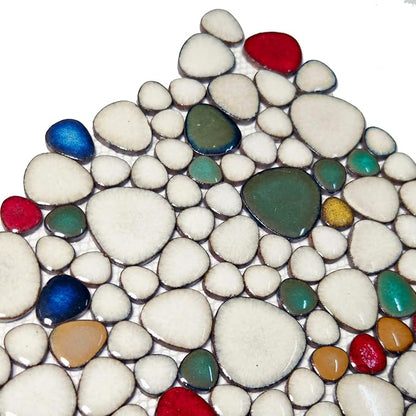 Ceramic Pebble Mosaic Sample Tile Cream Red & Green Bath Shower Floor | Crystal Glazed Porcelain, River Stone-Look for Bathroom Remodel, Fireplace Surround, Kitchen Backsplash and Accent Wall