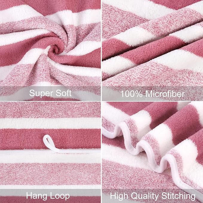 JML Bath Towels, 2 Pack, 27x55 in, Microfiber, Stripe Pink | Soft, Super Absorbent, Quick Dry, Lint-Free, Lightweight Bathroom Towel with Hanging Loop for Daily Use