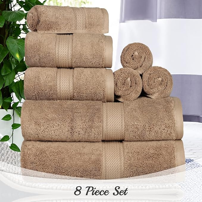 Superior Egyptian Cotton Ultra Plush & Absorbent, 8 Piece Set, Latte | Quick Dry, Soft Luxury Towel Set, Bath Essentials, Guest Bath, Spa, 2 Bath, 2 Hand, 4 Face Towels, Madeline Towels