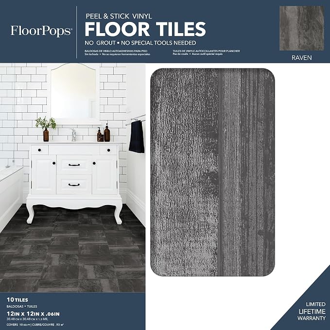 FloorPops FP3328 Raven Peel & Stick Floor Tiles, Black (Pack of 2)
