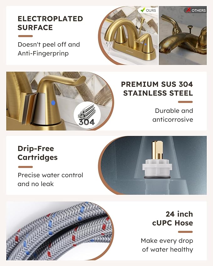 WOWOW 4 Inch Bathroom Sink Faucet - Brushed Gold Centerset Vanity Faucet with Lift Rod Drain Modern Mixer Tap for Rv Sink