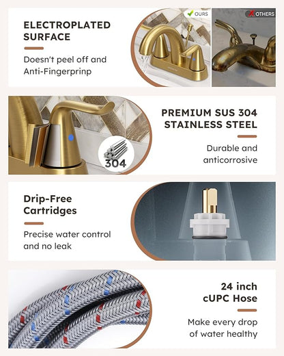WOWOW 4 Inch Bathroom Sink Faucet - Brushed Gold Centerset Vanity Faucet with Lift Rod Drain Modern Mixer Tap for Rv Sink