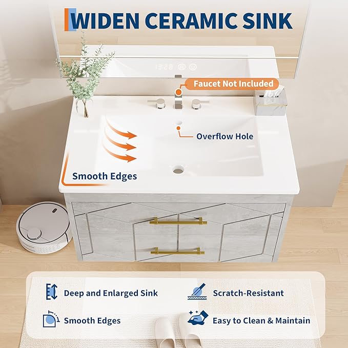 Garvee 24" Bathroom Vanity with Sink, Floating Bathroom Vanity with Ceramic Basin, 2 Large Storage Drawers with Gold Metal Handle, Modern Wall Mounted Bathroom Cabinet with Sink, Grey