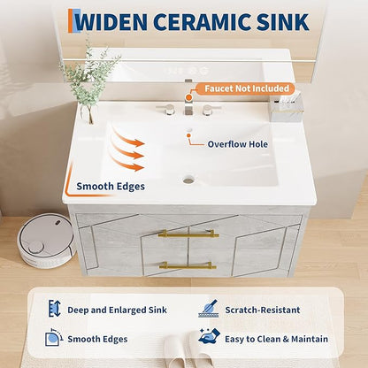 Garvee 24" Bathroom Vanity with Sink, Floating Bathroom Vanity with Ceramic Basin, 2 Large Storage Drawers with Gold Metal Handle, Modern Wall Mounted Bathroom Cabinet with Sink, Grey