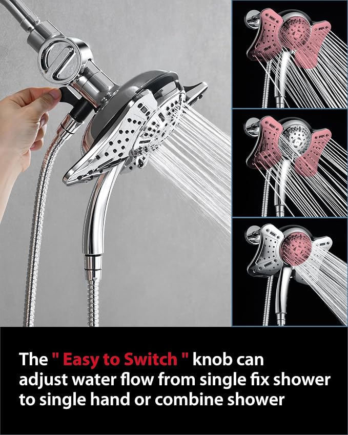 GRICH Shower Head with Handheld Spray - Dual High Pressure Showerhead | Rainfall Shower Heads Combo, Detachable Hand Shower, 9 Spray Settings, 60" Stainless Steel Shower Hose, 2.5GPM, Silver