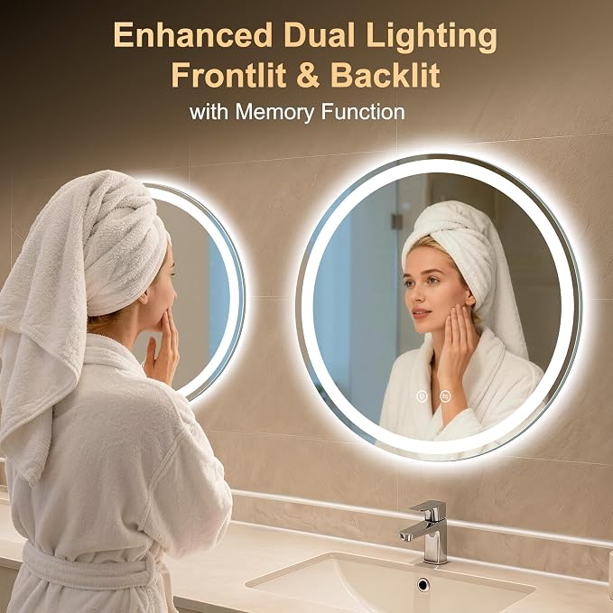 28 Inch Round LED Bathroom Mirror with Lights, Circle Lighted Vanity Mirror | Smart Anti-Fog, Dimmable 3 Color Modes, Backlit+Frontlit, Memory Function, HD Tempered Glass, Touch Sensor
