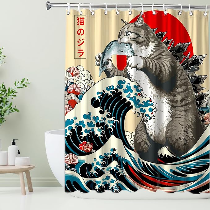 Funny Japanese Cat Shower Curtain, Vintage Cat Eating Fish Japan Art Anime Sunset Wave Waterproof Shower Curtain with Hooks, Animal for Kids Fabric Shower Curtains Bathroom Decor 72X72inches