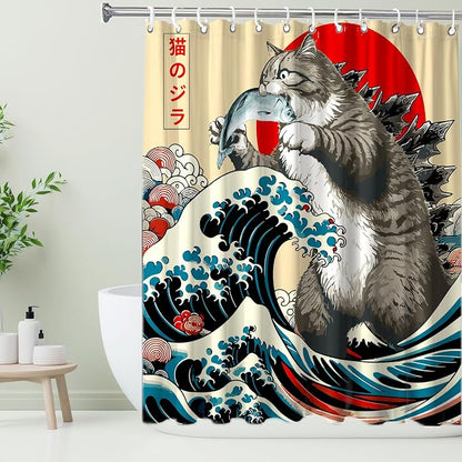 Funny Japanese Cat Shower Curtain, Vintage Cat Eating Fish Japan Art Anime Sunset Wave Waterproof Shower Curtain with Hooks, Animal for Kids Fabric Shower Curtains Bathroom Decor 72X72inches