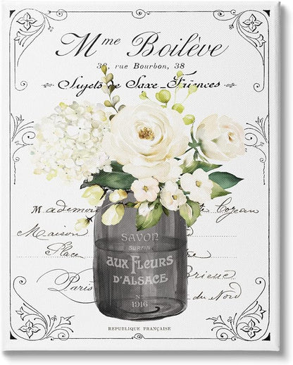 Vintage Parisian Floral Bathroom Bouquet, 24 x 30 Inch Canvas Wall Art | Stupell Industries · By Lettered and Lined · Ready to hang · Charming bath and laundry decor · Made in USA