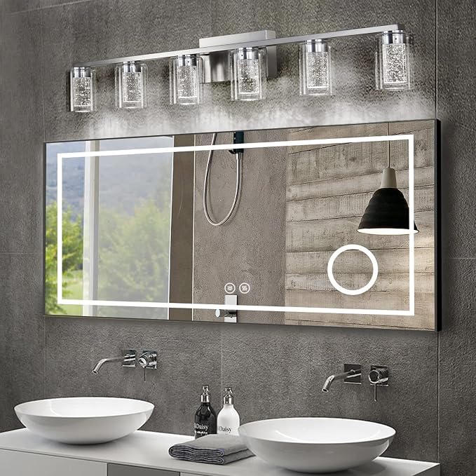 Brushed Nickel 6-Light Vanity Fixtures, Crystal Bubble Glass LED Sconces - Dimmable 3-Color (White/Neutral/Warm) for Bathroom, Hallway, Living Room