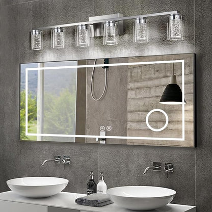Brushed Nickel 6-Light Vanity Fixtures, Crystal Bubble Glass LED Sconces - Dimmable 3-Color (White/Neutral/Warm) for Bathroom, Hallway, Living Room