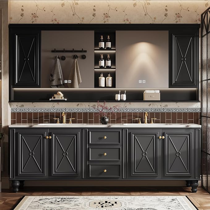 Double Sink Bathroom Vanity, Luxurious Bathroom Vanity with LED Smart Defog Mirror, Solid Freestanding Wood Vanity Sink Cabinet