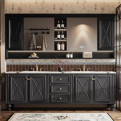 Double Sink Bathroom Vanity, Luxurious Bathroom Vanity with LED Smart Defog Mirror, Solid Freestanding Wood Vanity Sink Cabinet