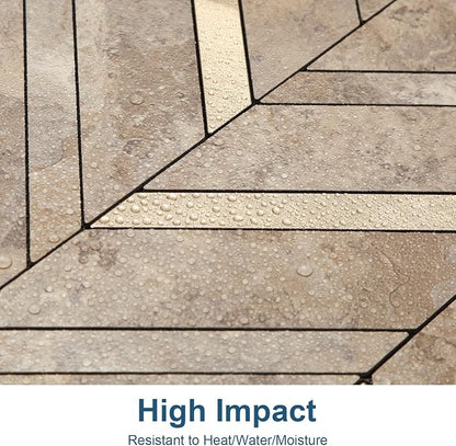 Yipscazo 10-Sheet Herringbone Backsplash Peel and Stick Tile, Beige Stone Mixed Metal Gold PVC Stick on Backsplash for Kitchen, Waterproof Self Adhesive Wall Tile for Bathroom