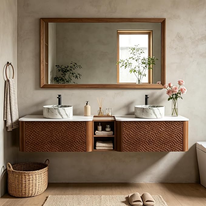 84 Inch Double Vanity with Sink Set, Floating Bathroom Sink Cabinet with Sintered Stone Top&Solid Wood Hammered Frame, Double Bathroom Vanities w/Soft-Close Drawers&1 Side Open Cube