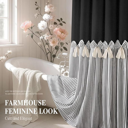 Farmhouse Shower Curtain Linen Bow Pleated Black Stripe 72"W x 78"L | Farmhouse Style, Chic Bow, Striped, Linen Fabric, Rustic, Country, Natural Look, Washable, for Bathroom Bathtub