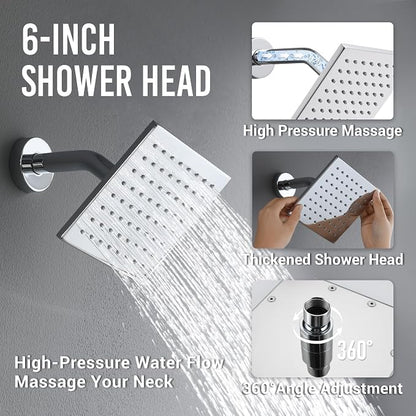 Thermostatic Dual Shower Head System, Chrome Shower Faucet | 12 Inch Ceiling Rainfall Shower, 6 Inch Wall Mount Head, High Pressure Handheld Sprayer, Push Button Valve