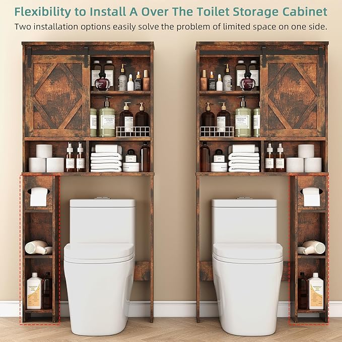 Over the Toilet Storage Cabinet with Farmhouse Sliding Barn Door, Above Toilet Organizer with Toilet Paper Holder Stand, Behind Toilet Shelf, Space Saver for Restroom, Bathroom, Laundry, Brown
