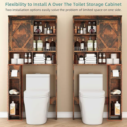 Over the Toilet Storage Cabinet with Farmhouse Sliding Barn Door, Above Toilet Organizer with Toilet Paper Holder Stand, Behind Toilet Shelf, Space Saver for Restroom, Bathroom, Laundry, Brown