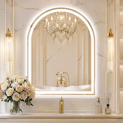 Arched LED Bathroom Mirror with Lights, 28" x 36" Lighted Vanity Mirror | Anti-Fog, Dimmable 3 Colors, Backlit + Frontlit, HD Shatterproof Tempered Glass, Memory Function