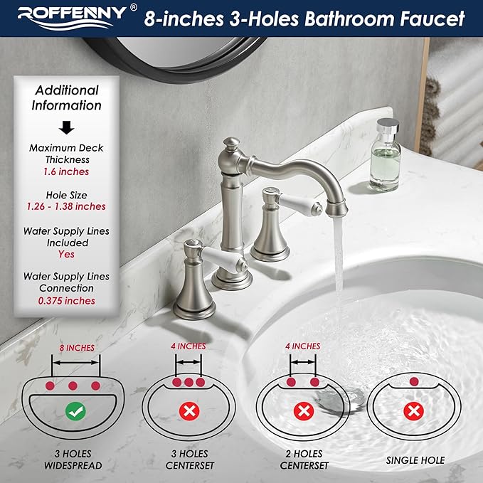 Porcelain 2-Handle Bathroom Faucets Brushed Nickel 8 inch Widespread with Plastic Pop-Up Drain & 2Pcs Water Supply Lines, Classical Vanity Sink Faucet for 3 Holes, 360° Swivel Brass Spout
