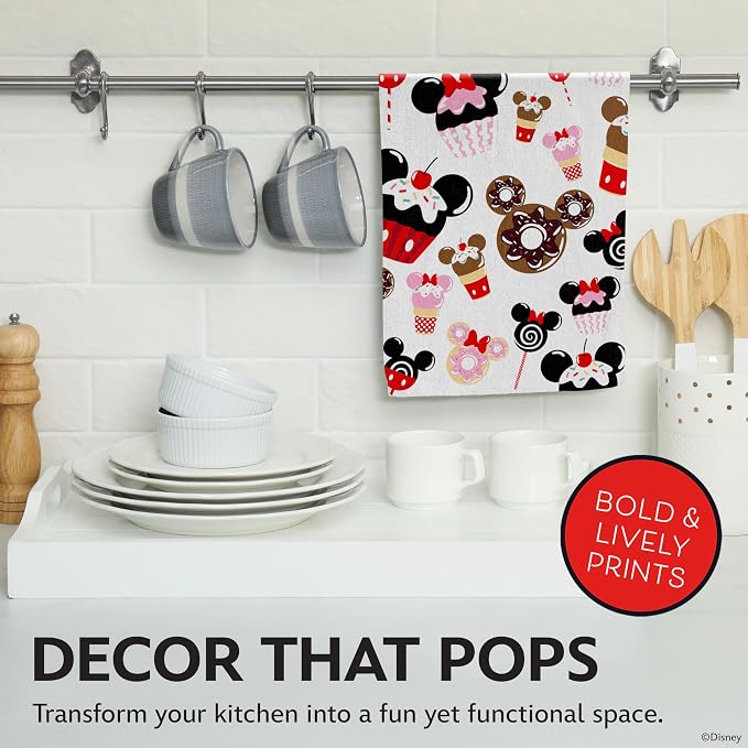 Disney Mickey & Minnie Cotton Kitchen Towels, 2-Pack 16"x26", Absorbent | Durable, colorfast dish towels resist fraying, machine washable, dries dishes, hangs on oven handles, great for gifting