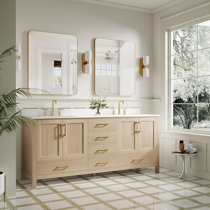 80-Inch Bathroom Vanity with Sink, 4 Soft-Close Doors and 6 Soft-Close Drawers, Bathroom Freestanding Vanity with Cultured Marble Countertop, Oak Vanity W/Gold Handles