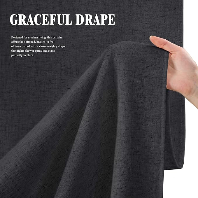 Linen Shower Curtain Flax Dark Gray, Fabric Boho Farmhouse Shower Curtains for Bathroom Cotton Natural Cloth Liner Set 72" W x 72" L